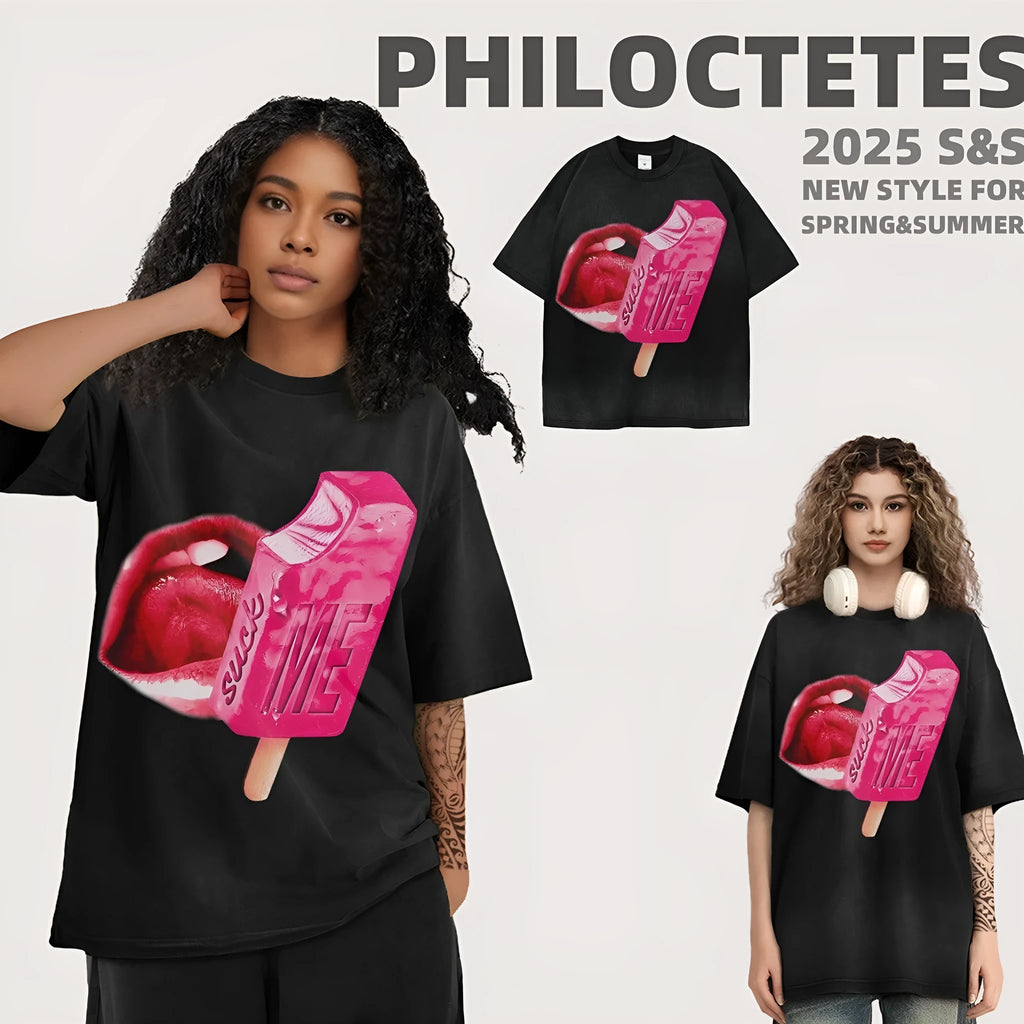Black heavy washed short-sleeved t-shirt with cartoon pattern and loose fit for men and women