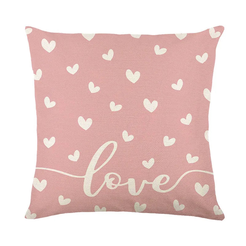 Square plaid pillow cover with red heart prints, shown in multiple colour variations.
