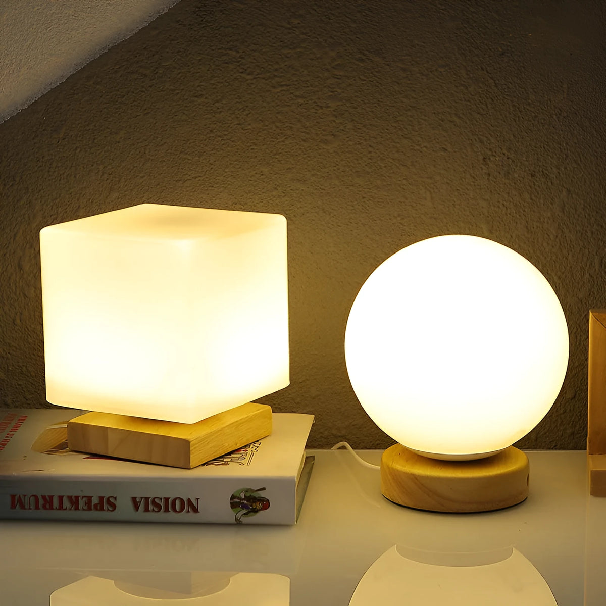 Nordic style USB table lamp with solid wood base and white flower-shaped light