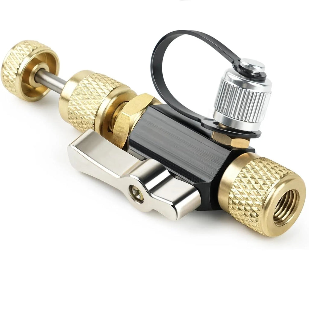 Vacuum valve core disassembly tool set showing black and pink metal valve removers with valve core wrench
