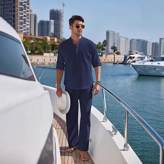Men's solid colour casual cotton suit with long sleeves and trousers for spring and autumn leisure wear.