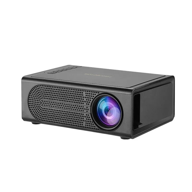 Portable mini projector in black colour with mobile phone connection cable and UK plug adapter