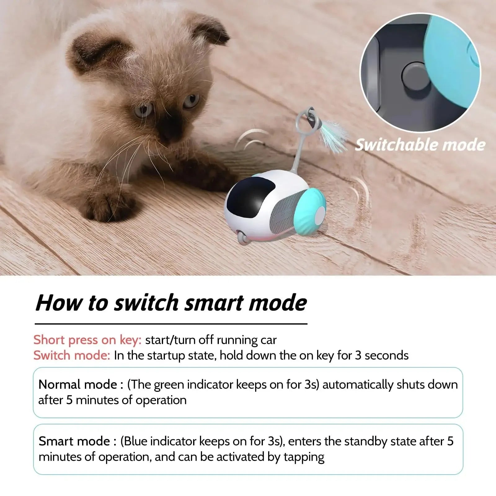 Smart cat toy car with feather teaser attachment in blue colour with remote control
