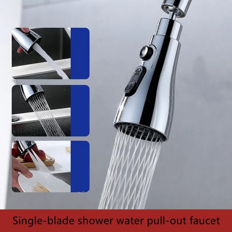 Universal pressurised kitchen faucet sprayer with rotating nozzle in silver finish showing three spray modes