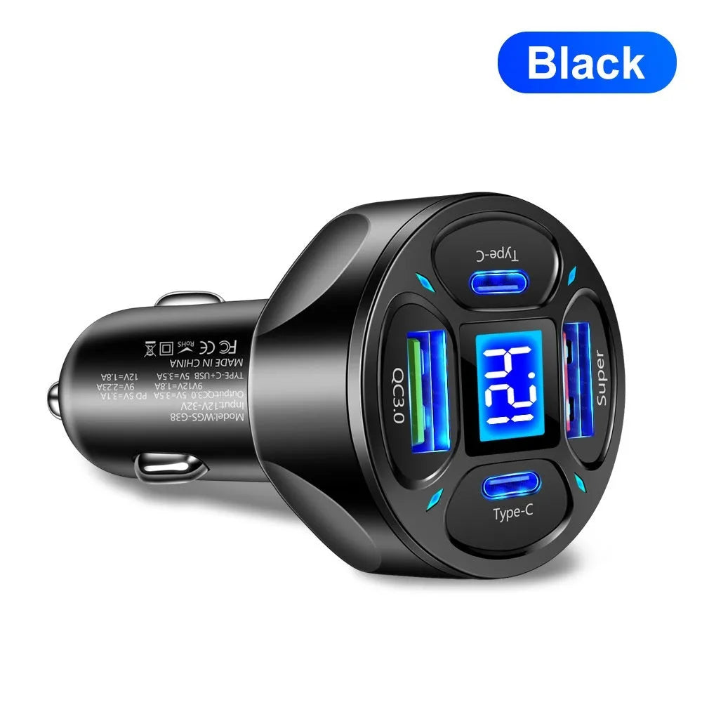 66W digital display car charger with two USB and two Type-C ports showing voltage readout
