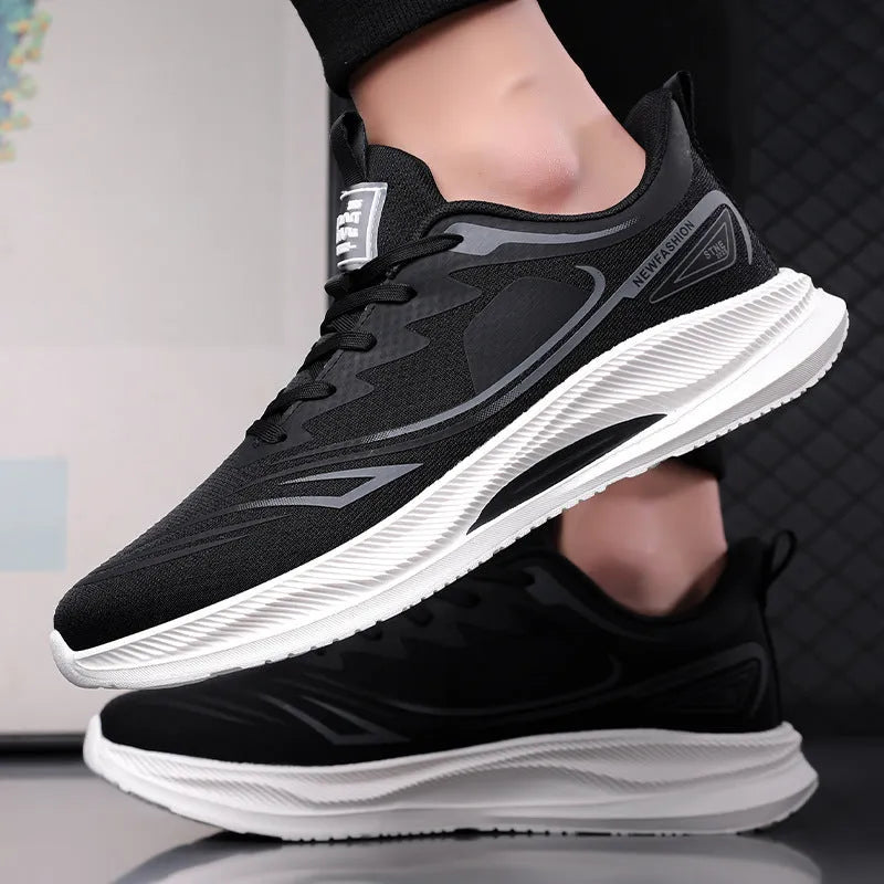 Men's black breathable mesh casual shoes with a rubber sole on a white background.