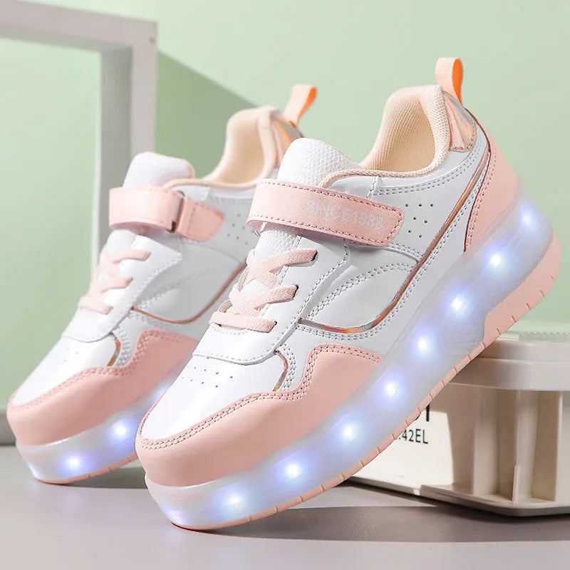 Charging flash rollerskates with LED lights in black, pink, purple, and white colours