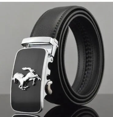 Men's automatic buckle leather belt in cowhide with leopard pattern and gold buckle.