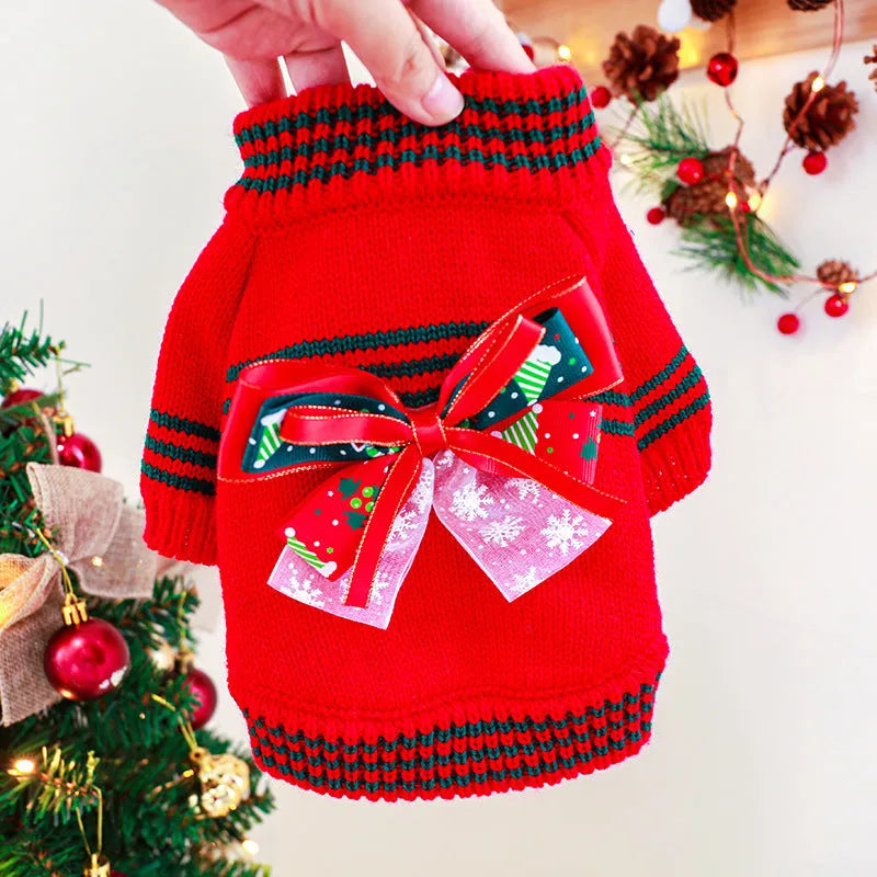 Red or green festive Christmas sweater for a dog on a white background.
