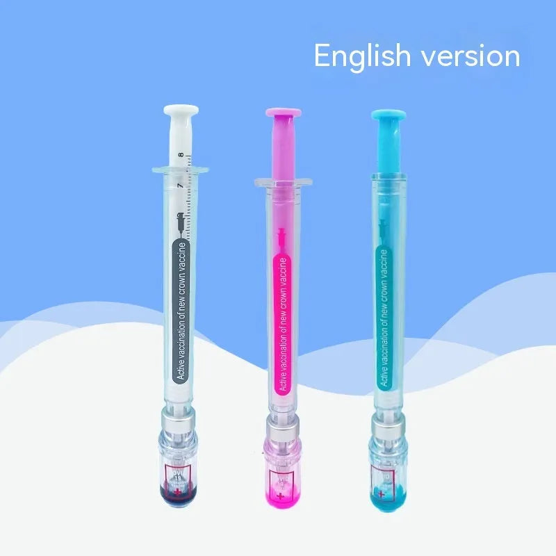 Creative vaccine pen design gel pen with 0.5mm black refill, 15.7cm plastic novelty writing instrument