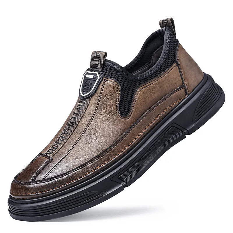 Men's solid black leather casual lace-up shoes with round toe on a white background.