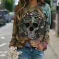 Black long sleeve sweatshirt with printed skull design on polyester knit fabric