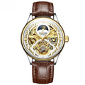 Men's automatic mechanical watch with waterproof case and leather strap in gold or white colour options