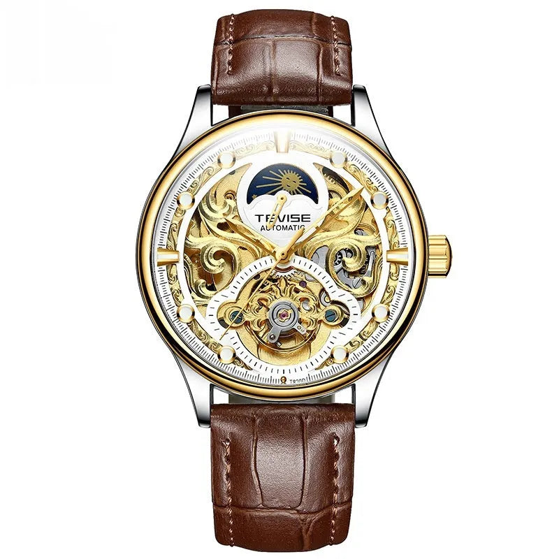 Men's automatic mechanical watch with waterproof case and leather strap in gold or white colour options