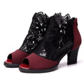 Women's black lace gladiator sandals with square high heel and peep toe design