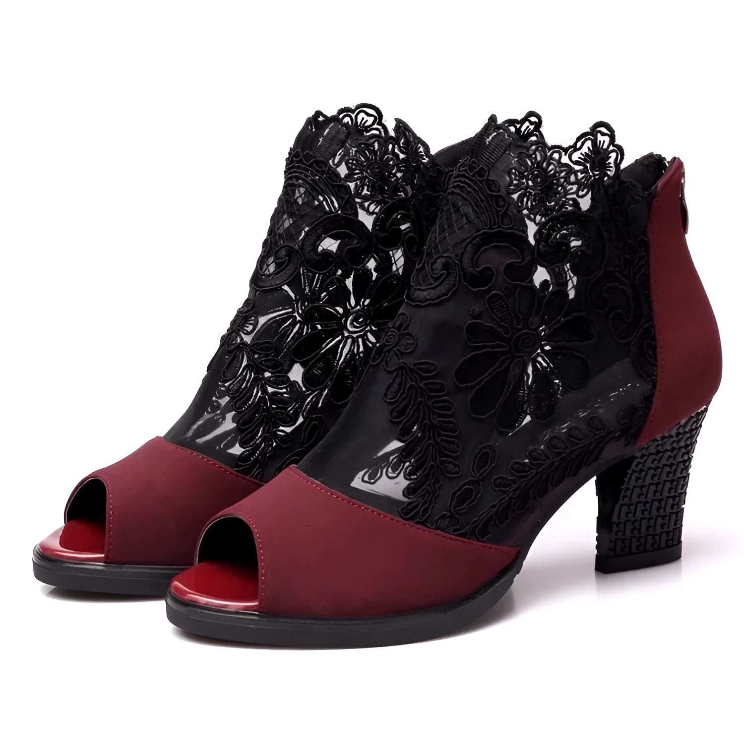 Women's black lace gladiator sandals with square high heel and peep toe design
