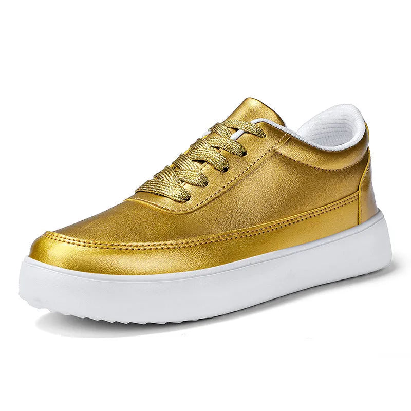 Women's white leather lace-up casual flat shoes on a light background.