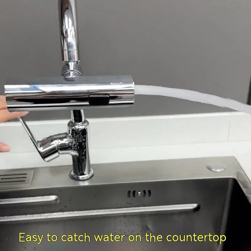 Kitchen faucet waterfall outlet connector with 360-degree swivel, ABS and copper body, Black or Silver finish.
