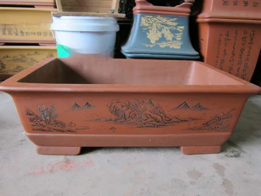 Yixing purple clay flower pots, set of 2 rectangular bonsai planters, large 60cm and small 50cm sizes