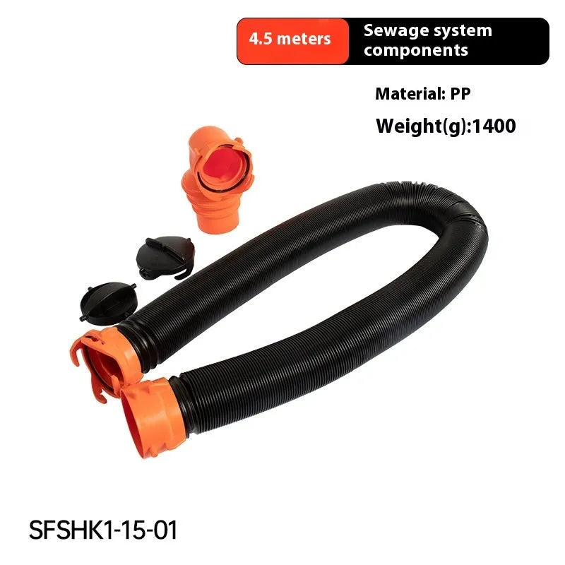 90-degree rotary elbow joint for sewage hose, shown in PP and TPE material options for motorhome waste.