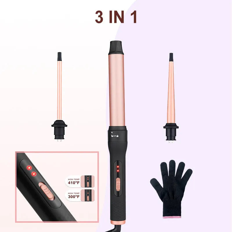 All-in-one three-barrel water wave hair curler and straightener with power cord.