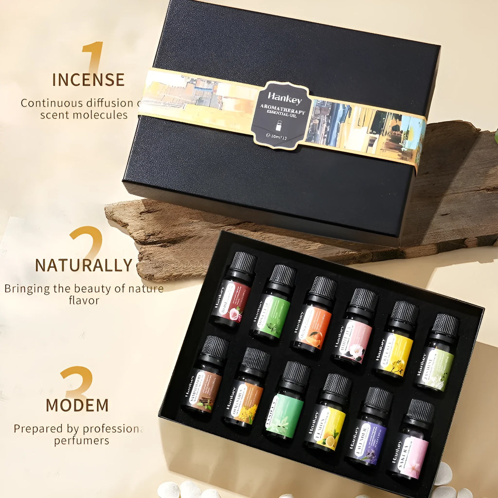 Boxed water-soluble aromatherapy essential oil sets in 3, 5, 6, 10 and 12 piece combinations