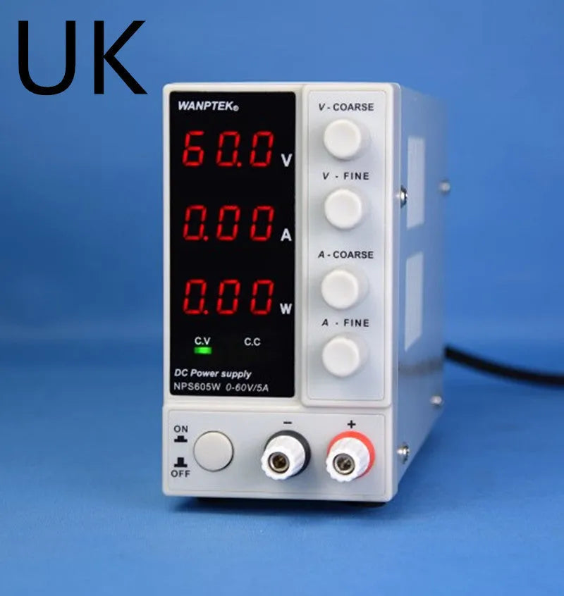 White adjustable DC power supply unit for electronics repair with voltage and current controls