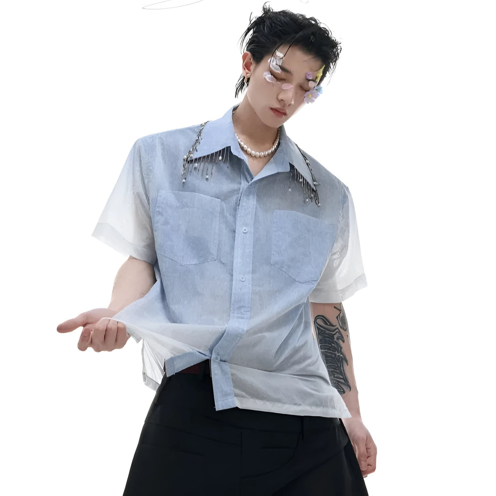 Blue and white gradient loose fit short sleeve men's casual shirt on a hanger