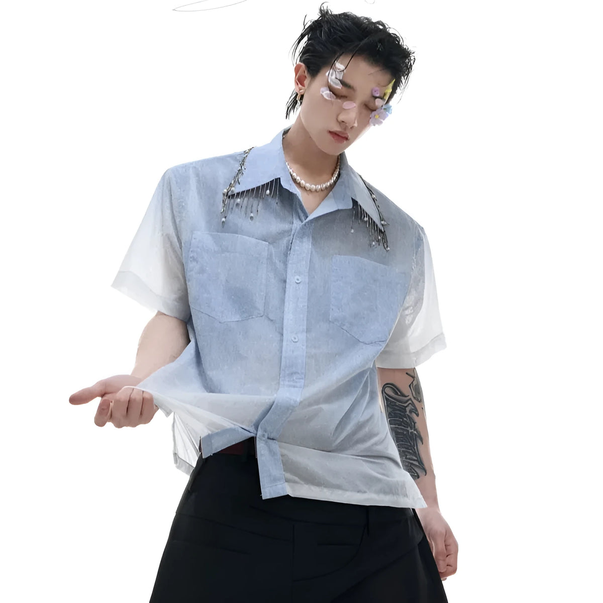 Blue and white gradient loose fit short sleeve men's casual shirt on a hanger
