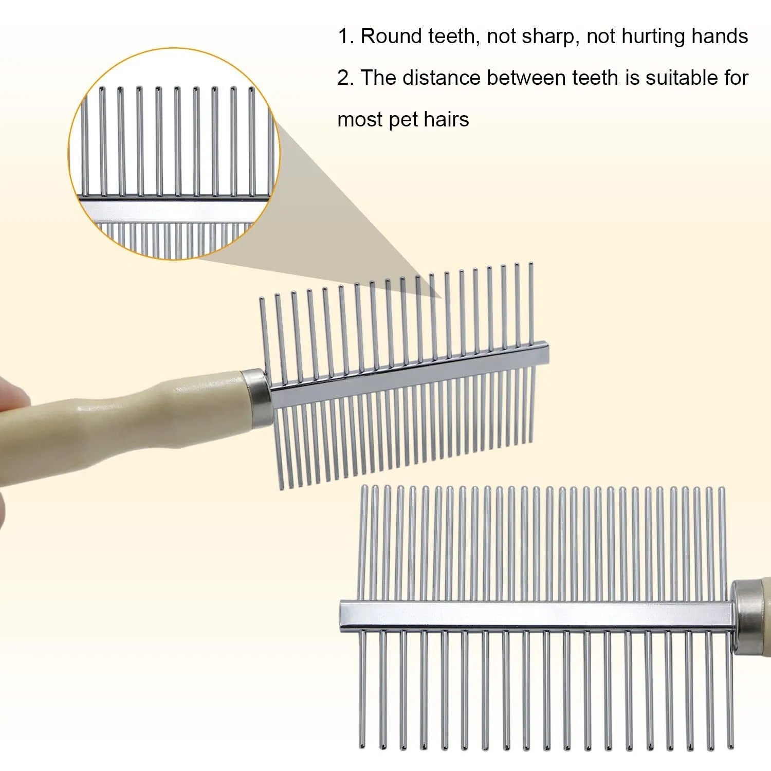 Wooden handle pet grooming comb for dogs and cats with rounded teeth
