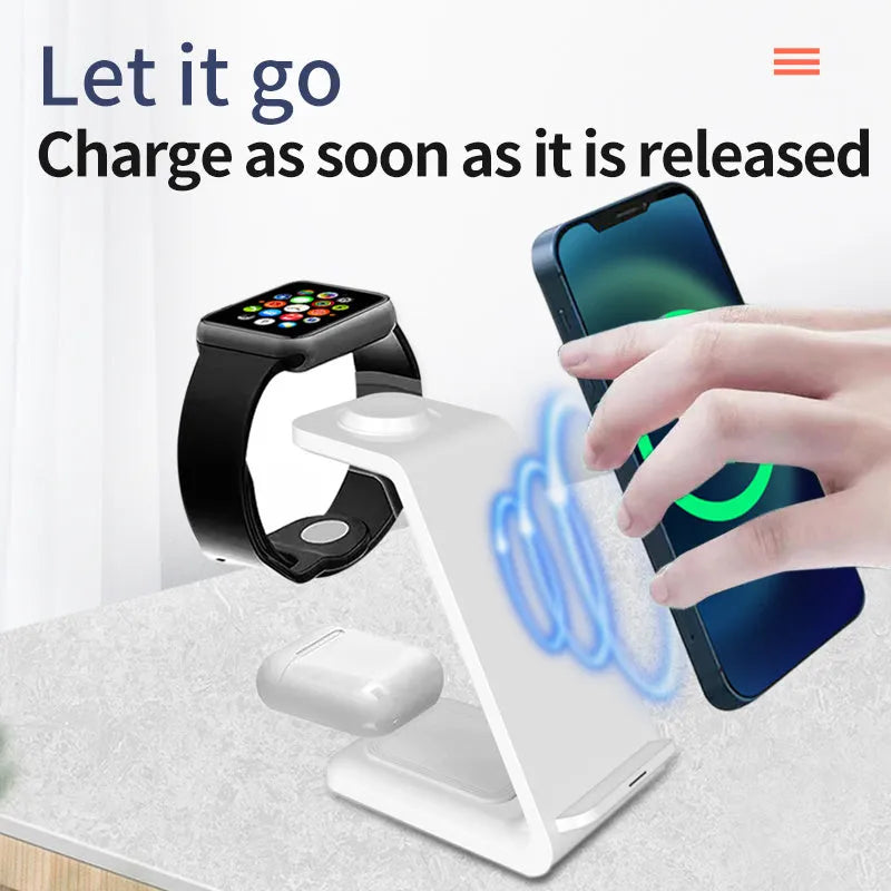 Black and white 3-in-1 upright wireless charging phone holder with Type-C cable