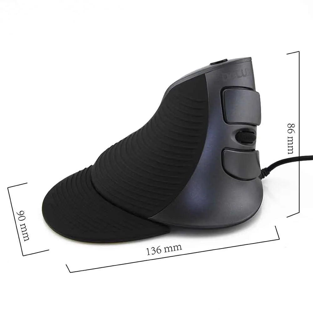 Black ergonomic vertical wired mouse for desktop computers showing natural handshake grip position
