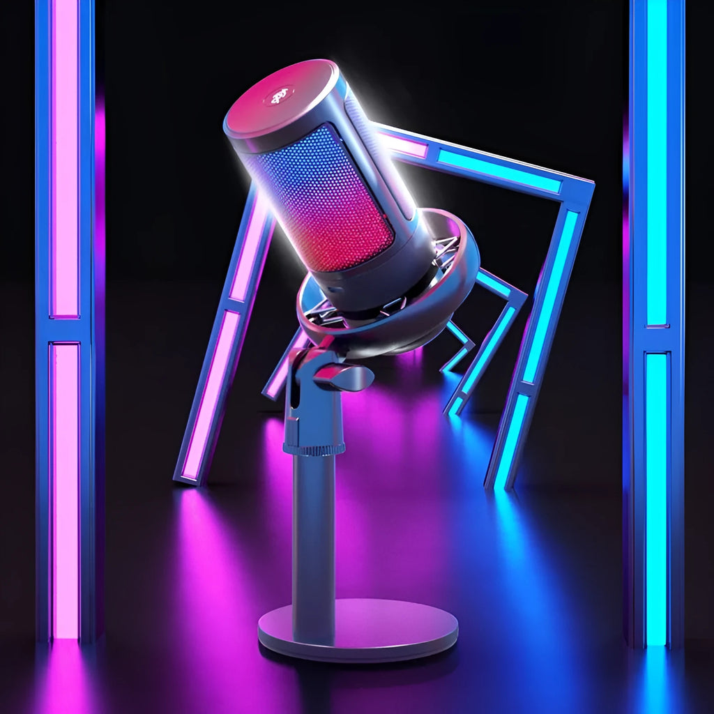 USB condenser microphone with colourful light effect and heart-shaped pickup pattern for streaming and recording