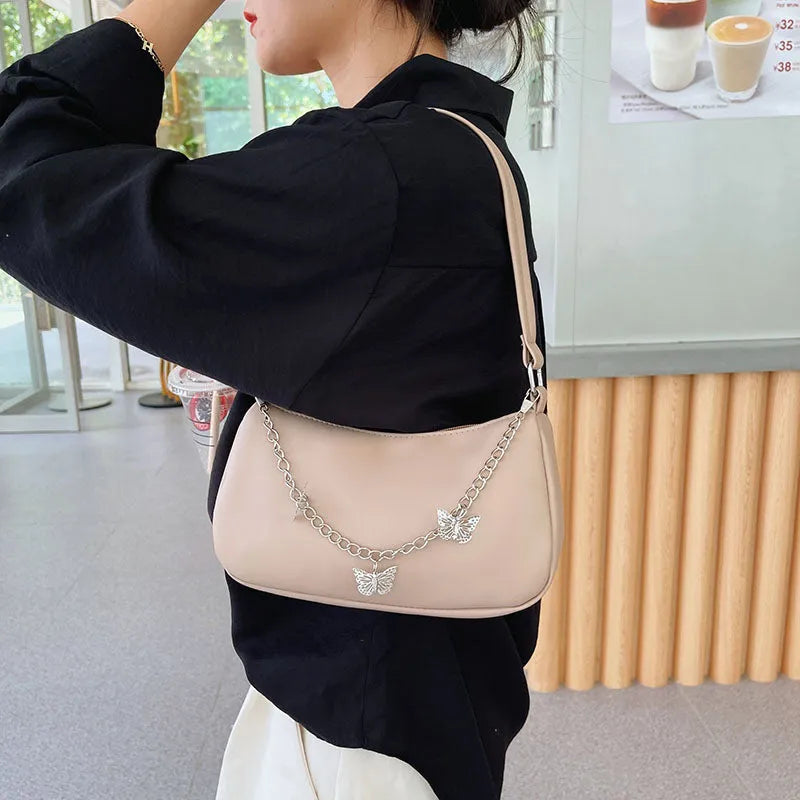 Fashion butterfly chain underarm bag in horizontal square shape with PU material and chain detail