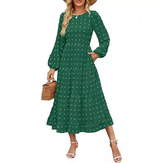 Women's long sleeve dress with ruffled sleeves and high waist in a solid colour.