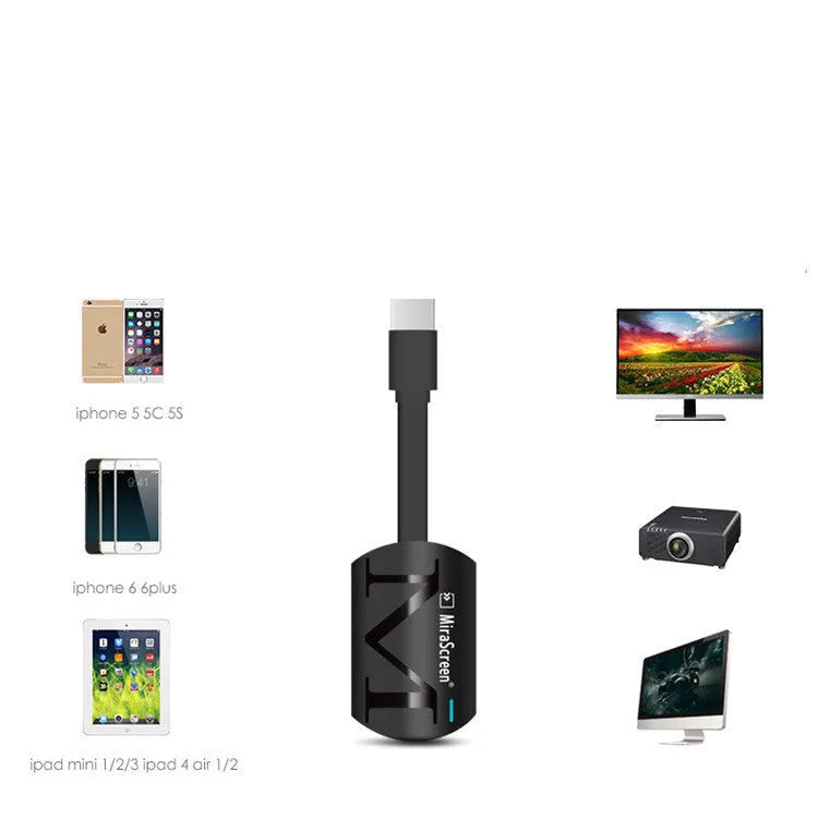 Black HDMI dongle for wireless smartphone to TV screen mirroring with 1080p output