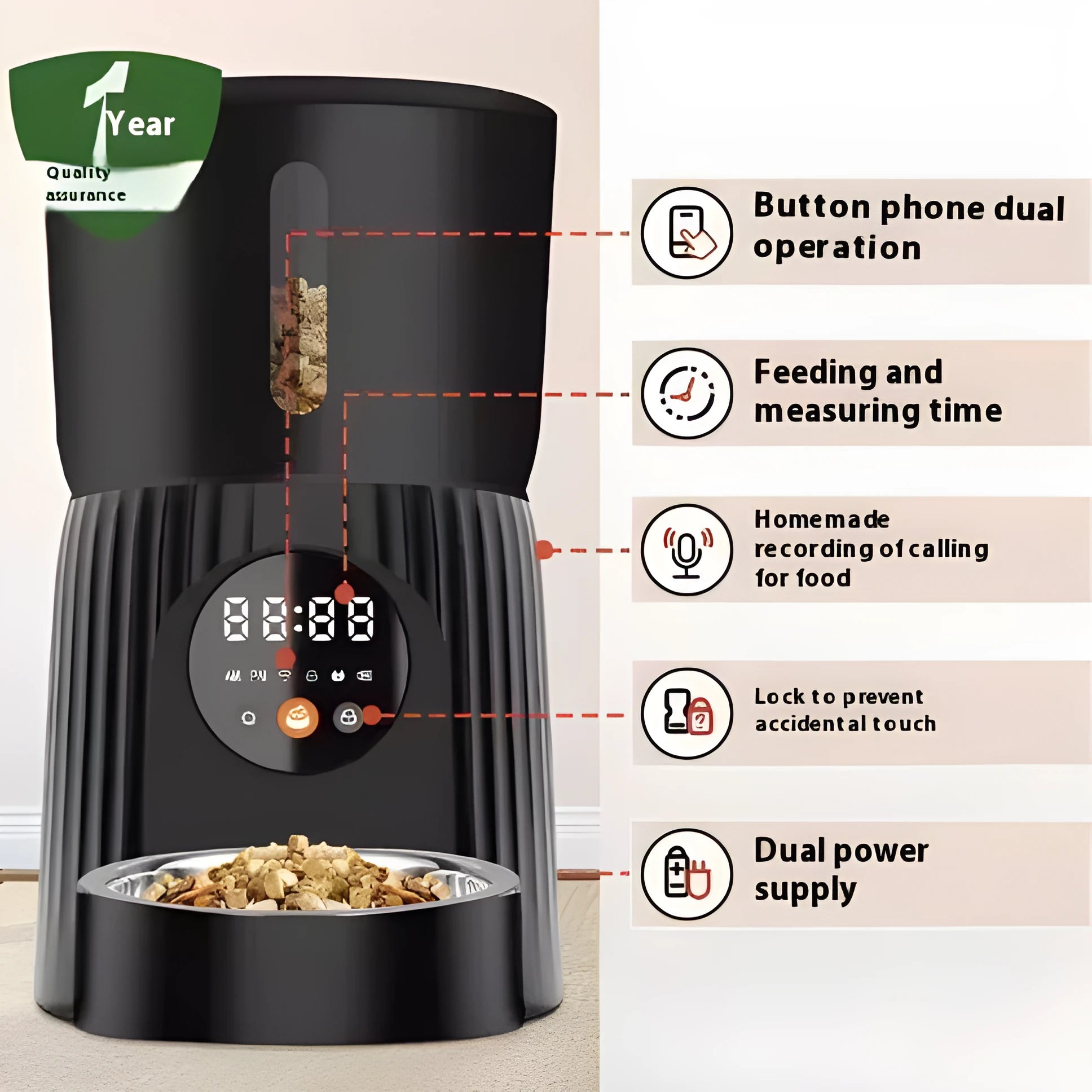 Black and white automatic pet feeder with food storage hopper and USB power connection
