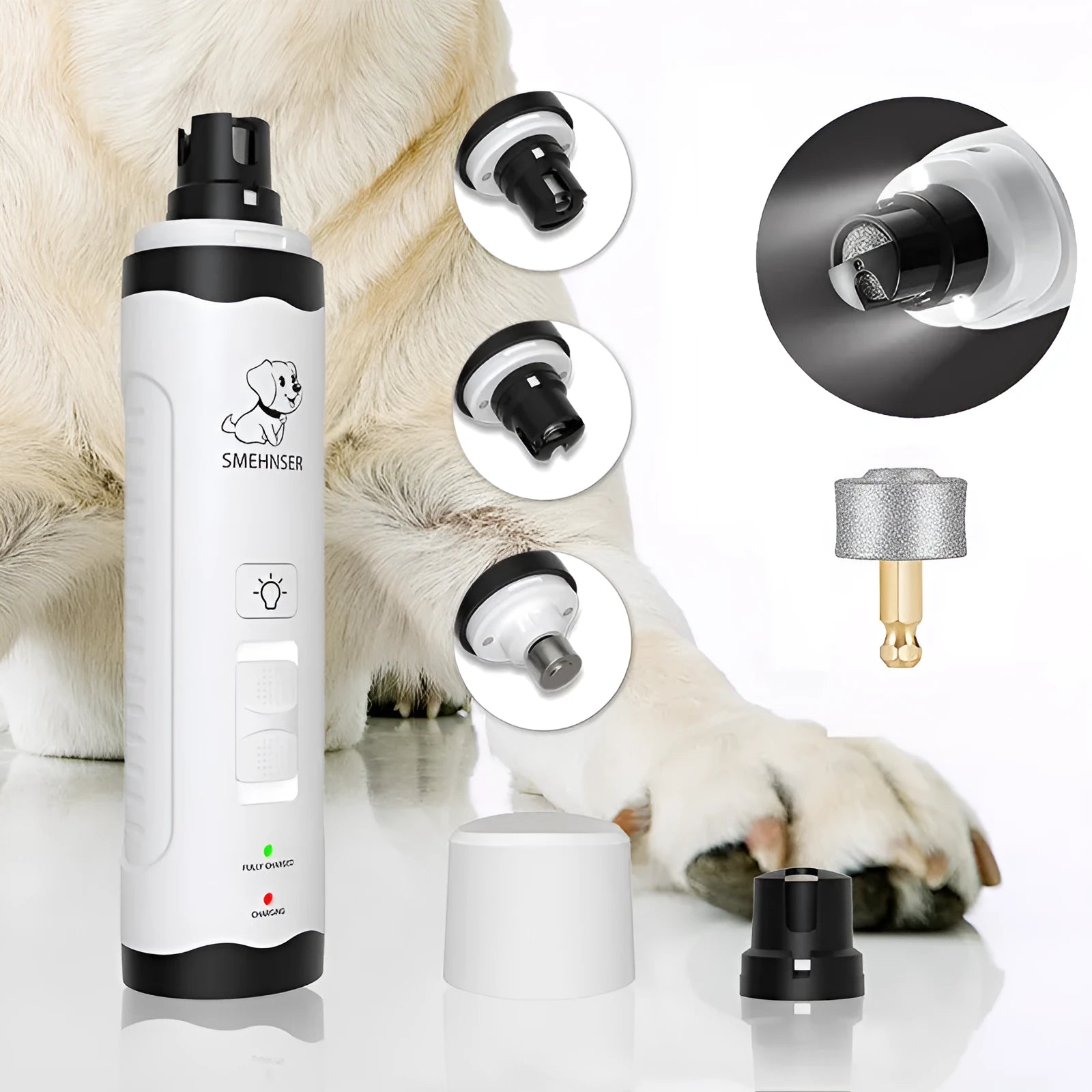 Electric dog nail grinder device with LED display showing speed settings.