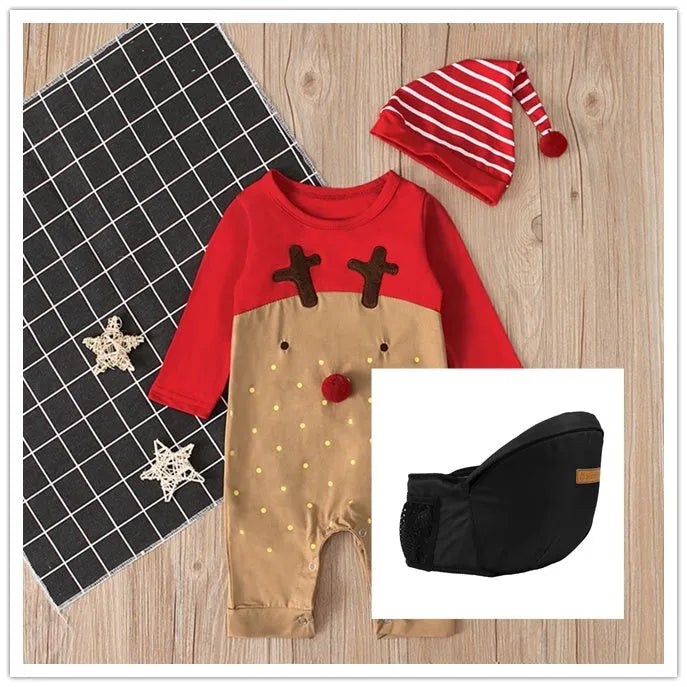 Christmas deer romper in red, long sleeve cotton unisex baby outfit for autumn and spring, sizes 70-100