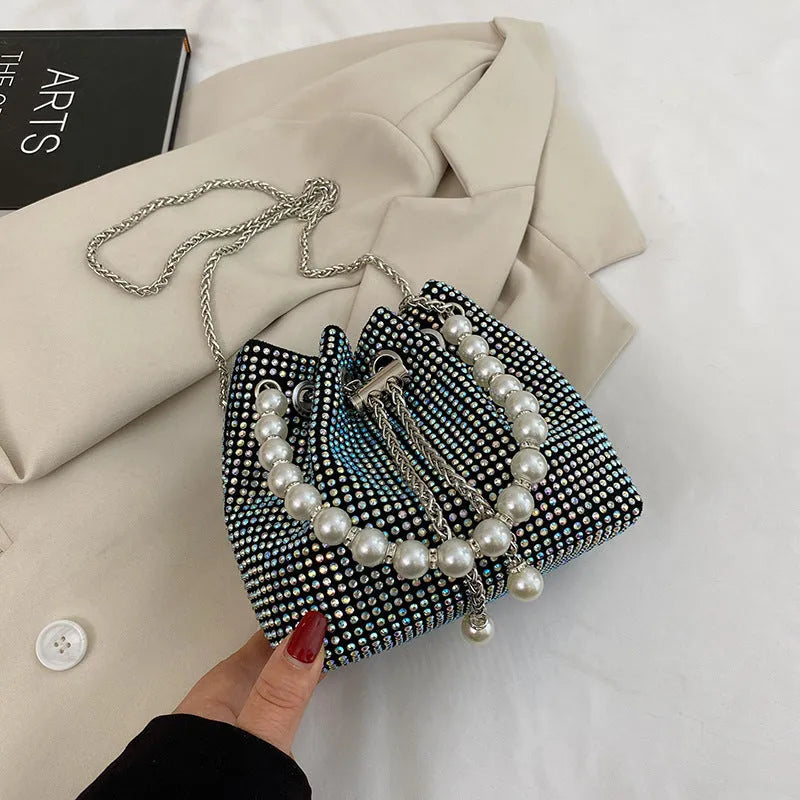 Western style diamond crossbody bag with chain strap in bucket shape design