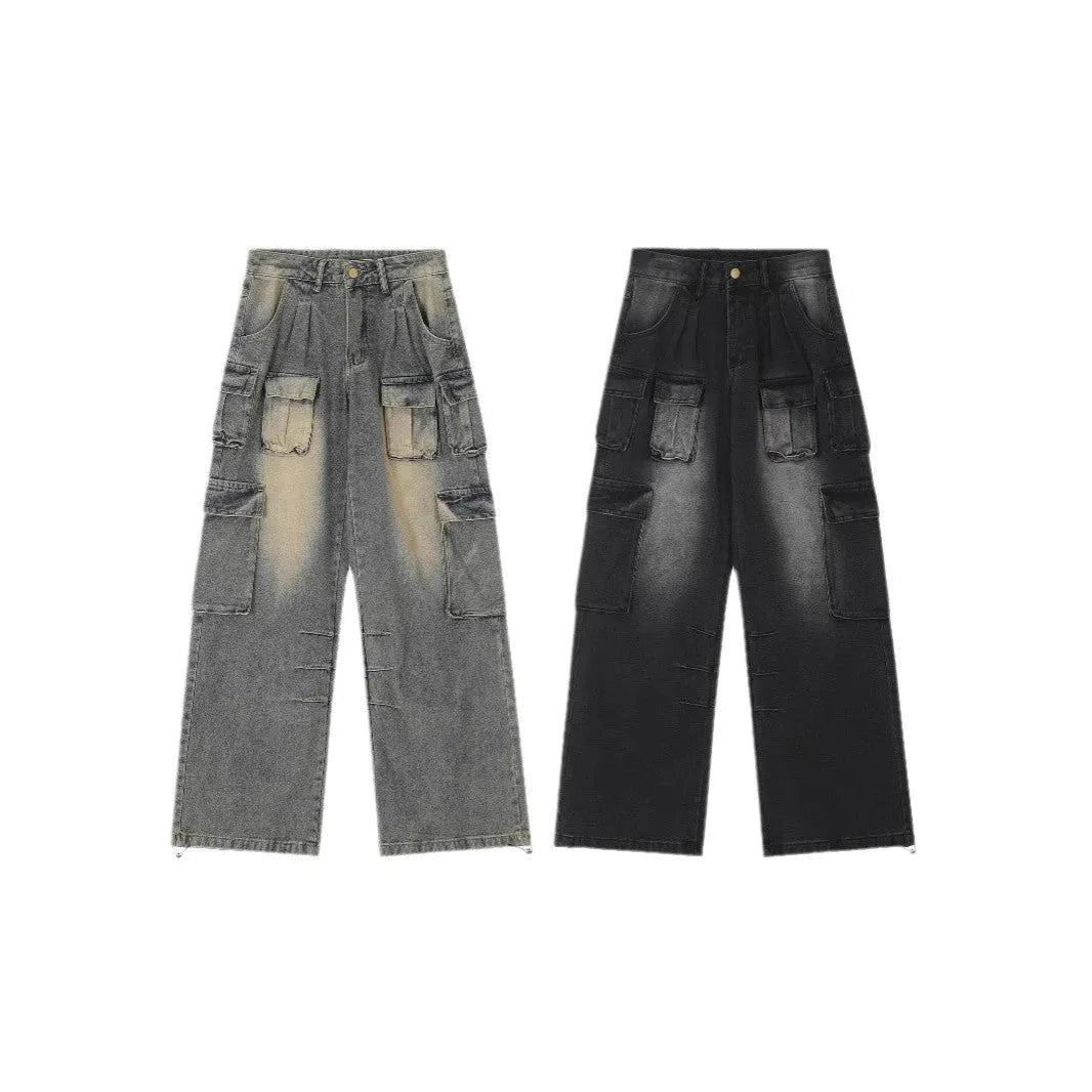 Men's loose fit distressed denim jeans with multiple utility pockets in light blue or black colours