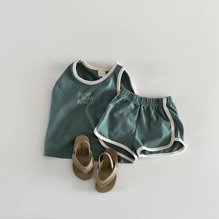 Children's cotton sports vest and shorts set in green or brown, two-piece outfit, sizes 80cm to 130cm.