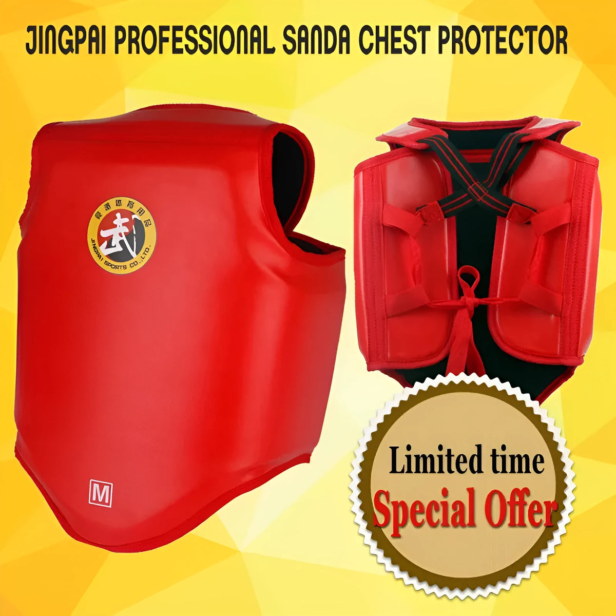 Red boxing helmet and chest protector set for training and sparring sessions