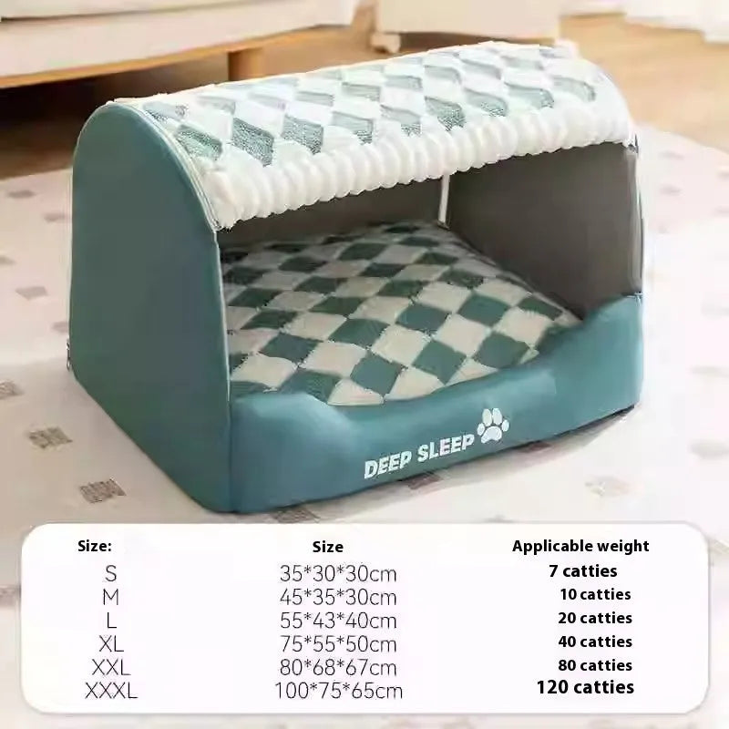 Houndstooth dog nest bed in jacquard pea velvet with cotton velvet, sponge and PP cotton, sizes S to 3XL