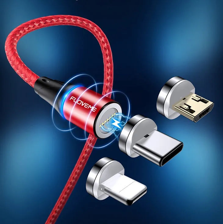 Black magnetic charging cable with LED lights showing USB-C and lightning connectors