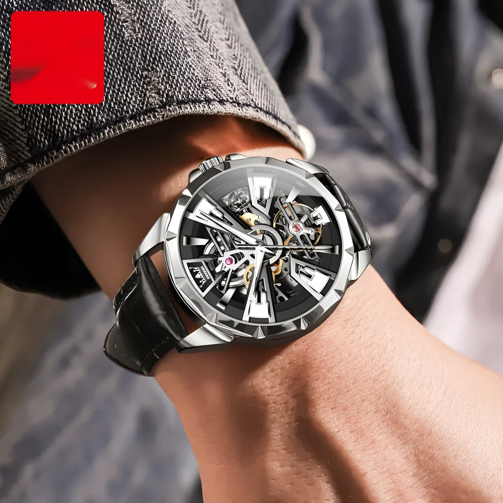 Men's automatic mechanical watch with skeleton dial showing visible movement through transparent case back