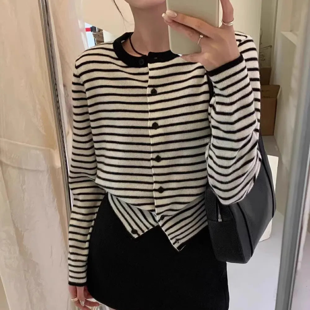 French style striped women's cardigan coat in dark grey with white stripes, slim fit with 40cm length