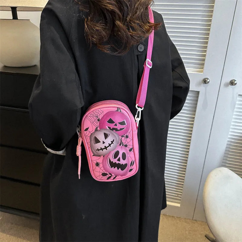 Halloween graffiti print crossbody shoulder bag with pumpkin ghost bat design