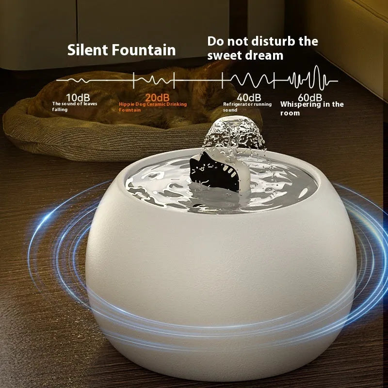 Cartoon kitty ceramic pet water fountain in white or black, 1L or 1.5L, for cats and small dogs.