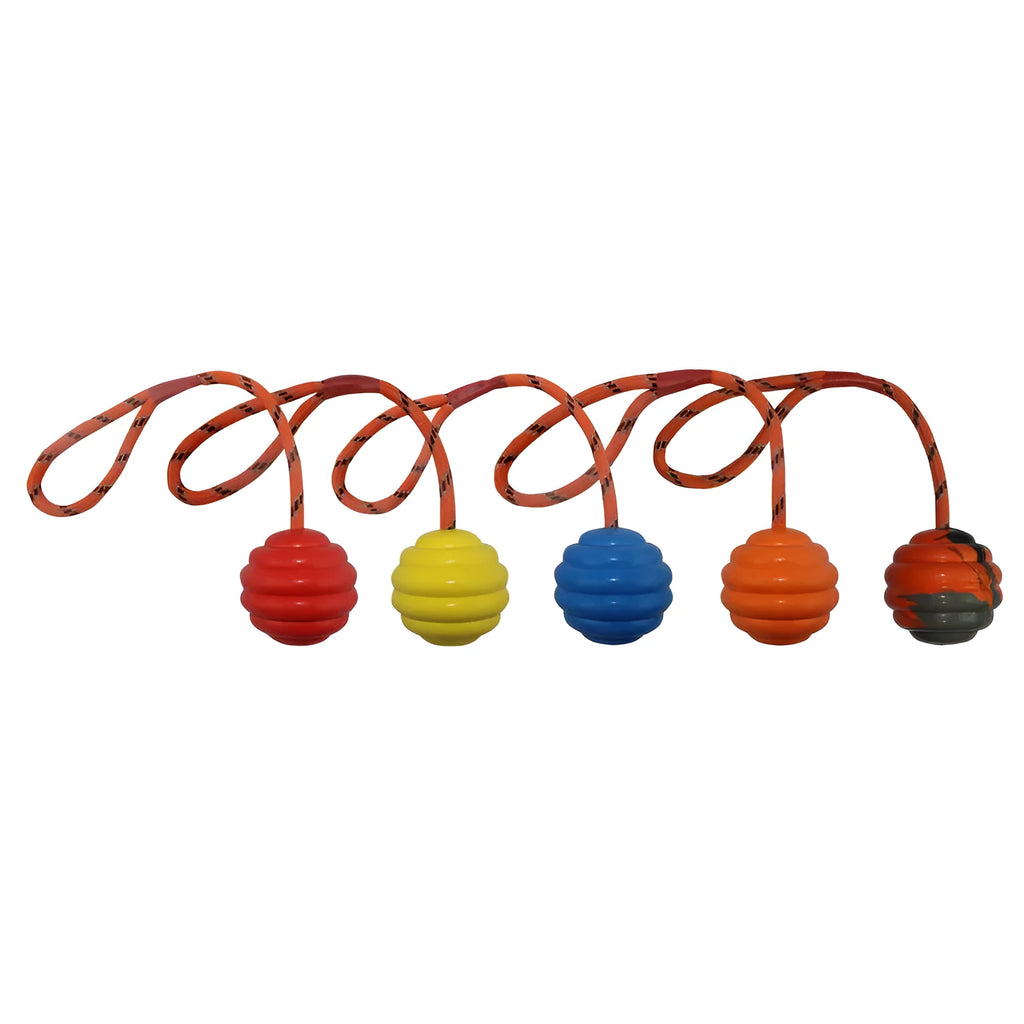 Multi-colour rubber pet training ball with rope knot handle, 6x30cm bite-resistant chew toy